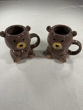 bear Coffee Mugs Pair Collectible Brown Shiny